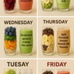 Colorful chart of 7 daily smoothie recipes including ingredients like beetroot, avocado, blueberries, spinach, and dark chocolate for a healthy week.